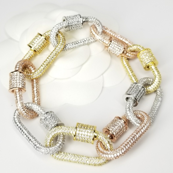 Tricolors Pave CZ Carabiner Locks Bracelet NEW - Picture 2 of 3